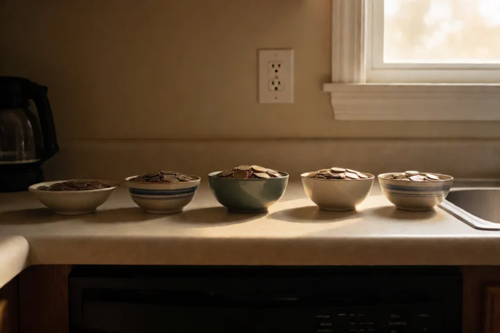 A row of small bowls holding coins grows across a kitchen counter from one income date to the next