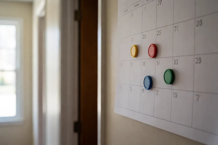Three colored payment tokens move along separate dates on a blank wall calendar, showing different repayment schedules in an Ashburn home hallway