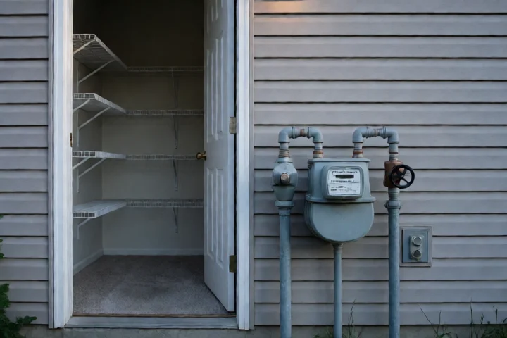 A South Riding townhouse utility meter and shutoff valve sit in sharp focus beside a nearly empty household pantry visible through an open doorway