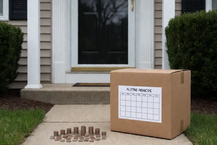 A sealed emergency grocery box rests beside a modest suburban entryway in South Riding