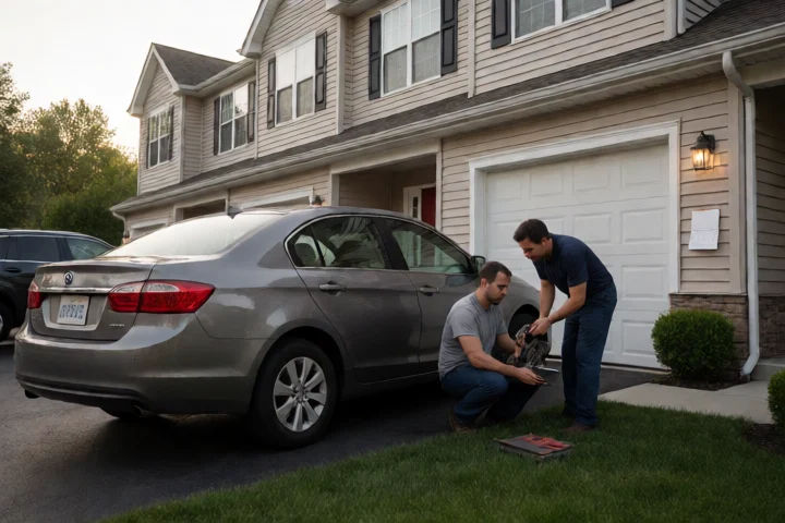 A mechanic measures a worn brake component beside a parked sedan in a South Riding townhouse driveway