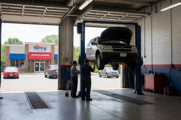 A vehicle sits raised on a service lift inside a Sterling auto-repair bay while a mechanic checks the remaining repair work