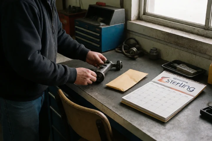 A resident places a single car-repair part beside a modest envelope of cash on a workbench inside a Sterling garage