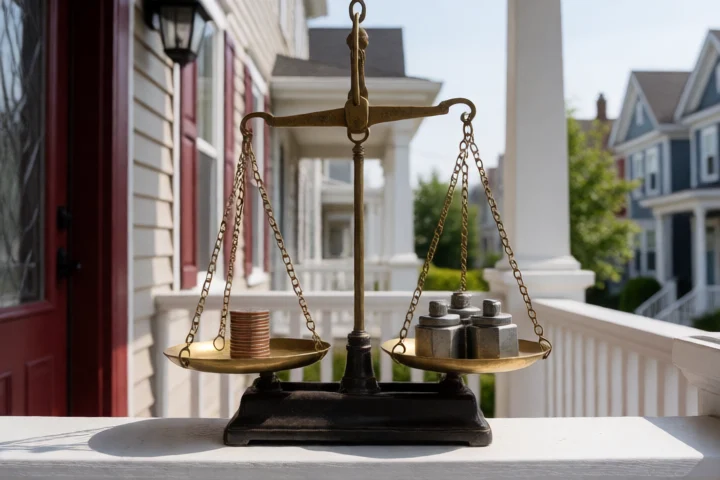 A balanced brass scale holds a small stack of coins on one side and heavier metal weights on the other on a Sterling townhouse porch