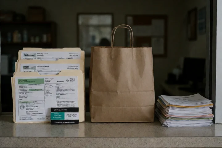 A Fairfax County referral welcome area connects a resident’s neatly sorted utility bill folder, grocery bag