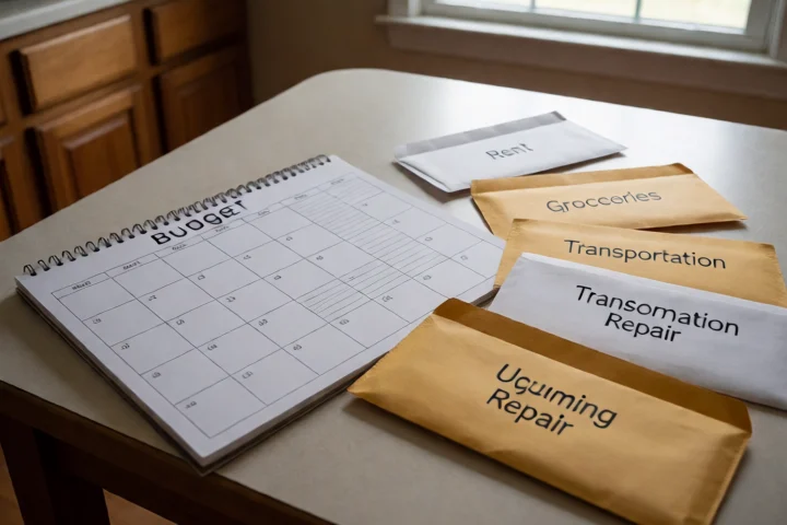A household budget calendar with colored, non-text marks lies beside separated envelopes for rent, groceries, transportation