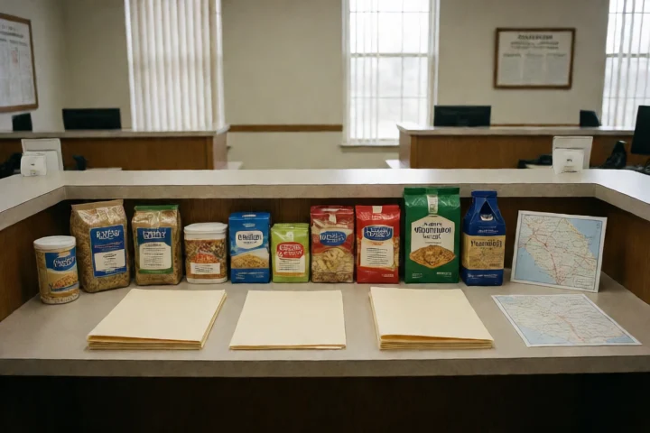 A Fairfax County community assistance desk displays neatly arranged food staples, utility relief folders with blank covers, and a small county map