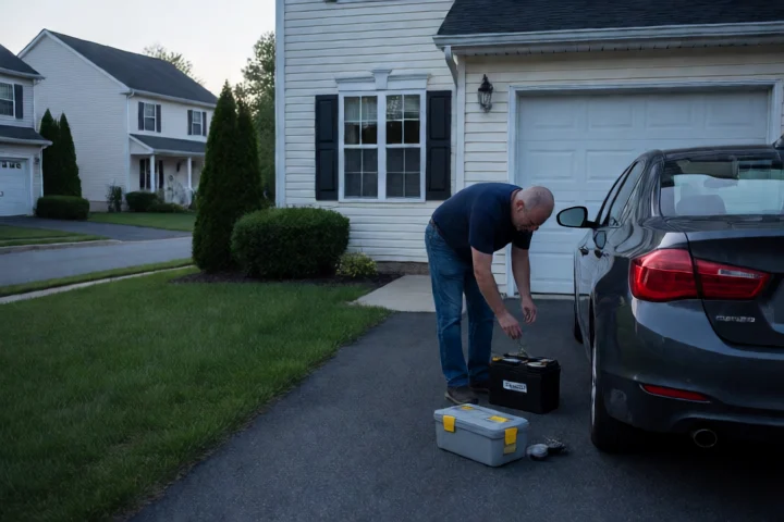 A resident checks a car battery beside a Marumsco, Virginia townhouse driveway while a small toolbox and replacement part sit on the pavement
