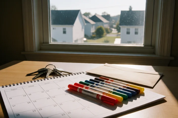 Colored wooden markers are placed along an unmarked paper calendar beside a set of house keys and a modest envelope, inside a Marumsco