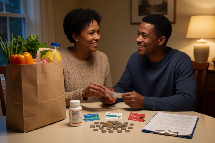 Two adults build a debt-and-essentials snapshot with separated household items—grocery bag, medicine bottle, transit pass, utility token