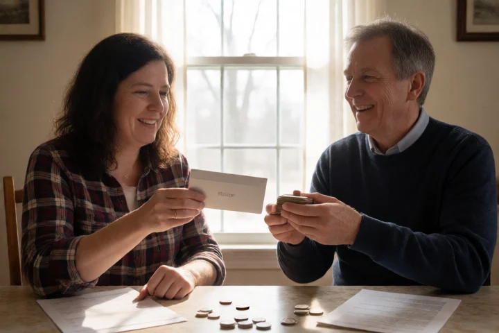 Two adults compare a small cash envelope with a larger stack of repayment tokens across a dining table