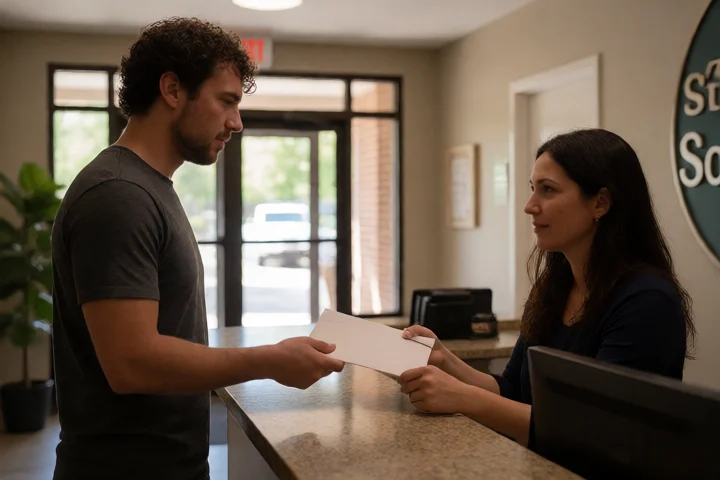 A tenant hands a plain assistance envelope to a property manager at an apartment building service desk