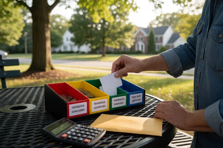 An adult borrower places coins and blank payment cards into a labeled-by-color organizer on an outdoor park table