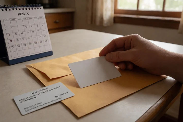 A borrower places a blank payment card beside a sealed lending envelope on a kitchen table in a Virginia home