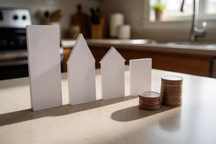 Four blank financial markers arranged beside a small stack of coins on a Virginia kitchen counter, communicating principal, money received