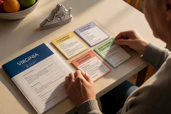 A Virginia resident sorts four color-coded cards beside a household budget folder at a kitchen table, representing contract terms, disclosures