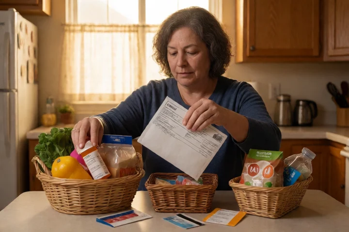 A middle-aged Virginia resident calmly separates groceries, a utility bill envelope turned face down, a prescription bottle