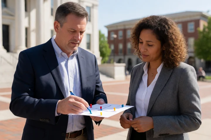 A Virginia resident calmly explains a timeline of loan events to a consumer advocate at an outdoor civic plaza