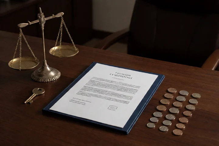 A balanced brass scale rests beside a closed contract folder, a key, and neatly separated coins on a dark wooden desk