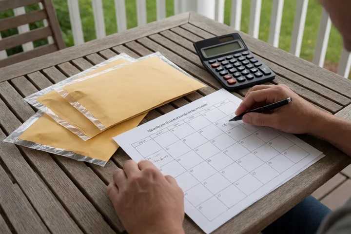 An adult sorts three sealed envelopes and a small calculator on a wooden porch table while checking dates on a blank paper calendar